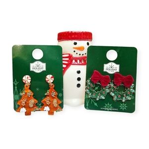 NEW LOT of 2 Holiday Time Christmas Tree & Wreath Embellished Earrings Red Tan